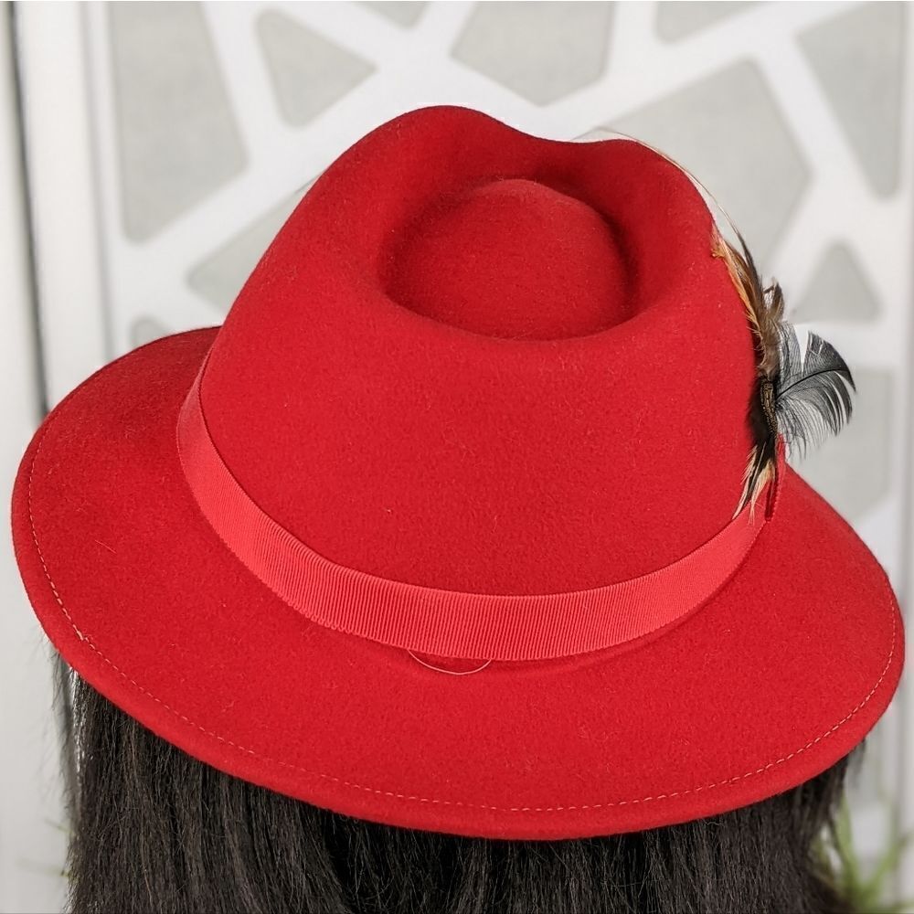 George GEO W Bollman 100% Wool Classic Red Fedora Hat With Feather In Band - Picture 4 of 7